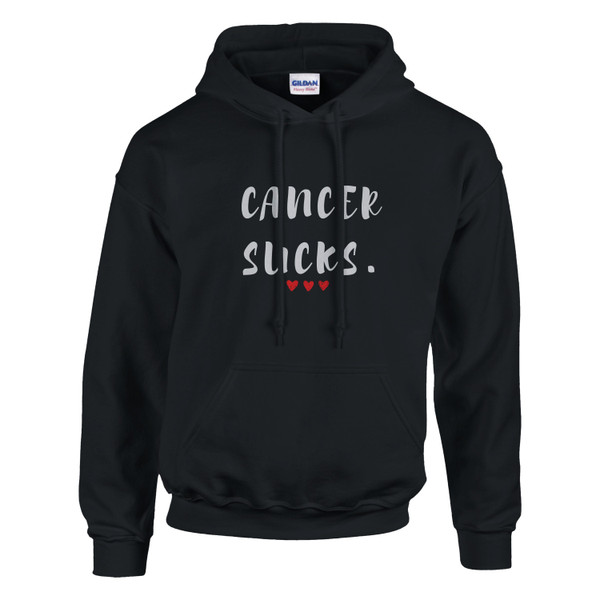 Black pullover hoodie featuring the bold phrase “Cancer Sucks.” in distressed white lettering with three red hearts beneath. The hoodie includes a drawstring hood, front kangaroo pocket, and classic unisex fit. Designed to raise cancer awareness and show support for patients, survivors, caregivers, and loved ones facing cancer.