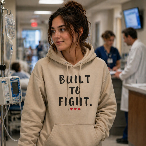 Woman wearing a sand-colored hoodie featuring the inspirational quote “Built to Fight” in distressed black lettering with red heart accents, standing in a hospital corridor, symbolizing strength, resilience, and determination.