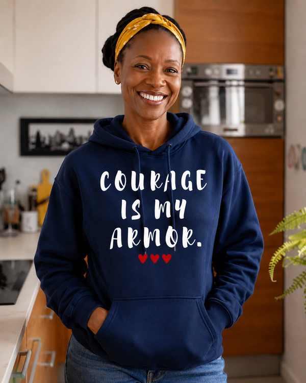 Woman wearing a navy blue hoodie with the motivational quote “COURAGE IS MY ARMOR” and three red hearts, smiling in a modern kitchen, symbolizing strength, resilience, bravery, empowerment, confidence, and overcoming life’s challenges.