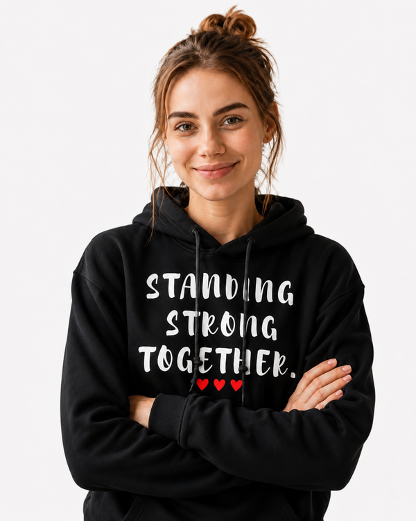 Smiling woman wearing a black hoodie featuring the inspirational quote “Standing Strong Together” in distressed white lettering with red heart accents, standing indoors in a bright, plant-filled home setting.