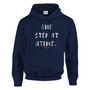A navy blue hooded sweatshirt displayed against a plain background. The front of the hoodie features the words “One Step at a Time” in white distressed lettering, with three small red hearts underneath. The hoodie has a front pocket and adjustable drawstrings.