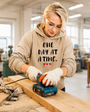 Woman working in a woodworking shop while wearing a sand-colored hoodie featuring the inspirational message “ONE DAY AT A TIME.” in distressed black lettering, accented by three small red hearts beneath the text. She is using a power sander on a wooden board and wearing protective gloves and glasses. Workbenches, tools, and workshop equipment are visible in the bright, softly blurred background. The image combines craftsmanship and determination, conveying resilience, perseverance, and the importance of tackling challenges one step at a time.