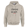 Sand-colored pullover hoodie displayed against a transparent background. The front features the inspirational message “STRONG HEART.” in distressed black lettering, accented by three small red hearts beneath the text. The hoodie includes a drawstring hood, spacious kangaroo pocket, and ribbed cuffs and hem. The neutral sand color gives the design a warm, comforting appearance, while the message symbolizes courage, resilience, hope, and inner strength. This uplifting hoodie is ideal for cancer awareness, recovery journeys, heart health advocacy, and everyday encouragement.