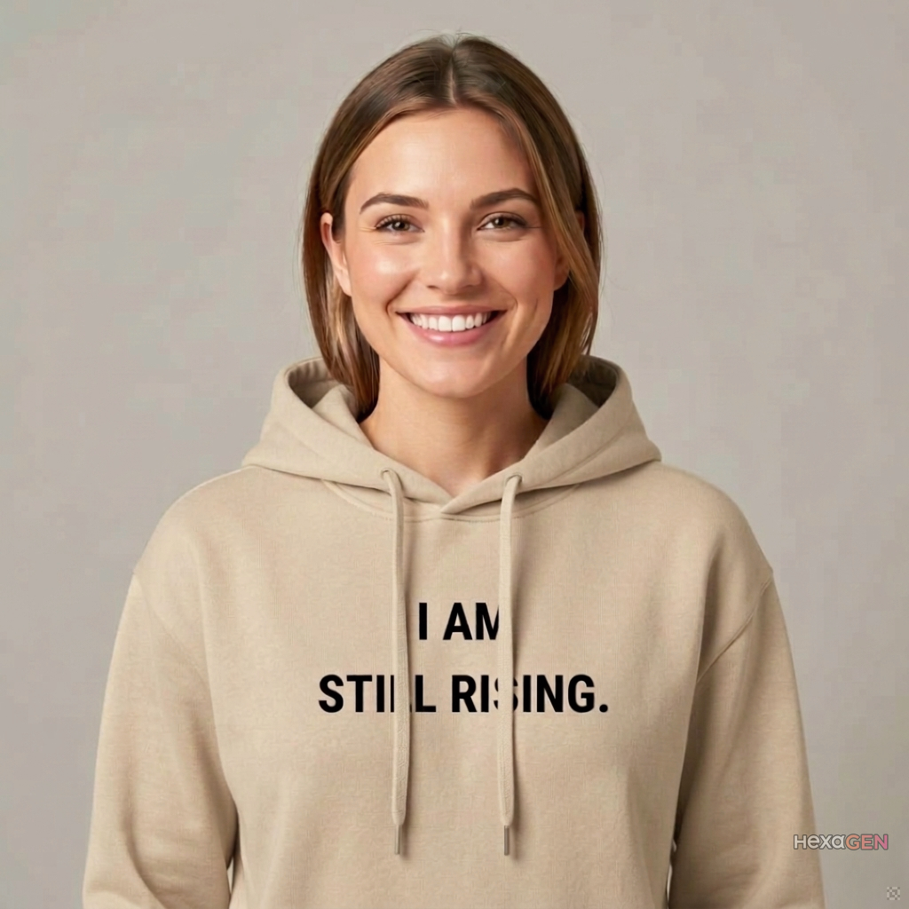 A young Caucasian woman, appearing to be in her early twenties, is positioned in the center of the frame, looking to her right in profile. She has long, dark brown hair, styled naturally, and her facial features are delicate with a neutral, contemplative expression. Her build is average, and she wears a dark, hooded sweatshirt, which obscures most of her body. The background depicts a serene, natural landscape of rolling hills bathed in the warm, golden light of a setting sun. The lighting creates a soft glow and highlights the edges of her hair and shoulders. The atmosphere is tranquil and hopeful, with a shallow depth of field blurring the background to keep the focus on the subject. The perspective is a medium shot, capturing her from the chest up.