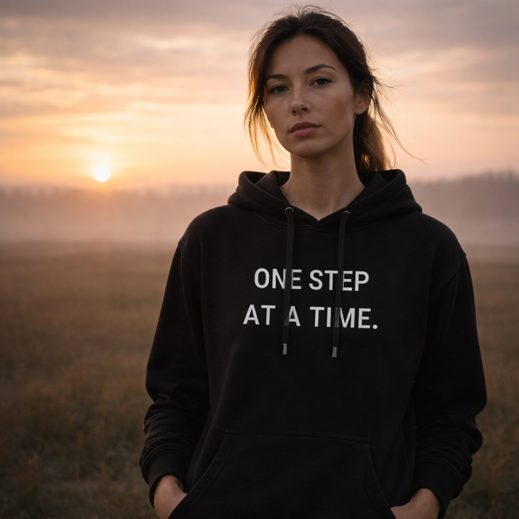 The image displays a medium shot portrait of a young Black woman with curly hair, wearing a light beige hooded sweatshirt. She is looking off to the right side of the frame with a thoughtful expression. The background consists of a serene beach scene at sunset or sunrise. The sky is a soft gradient of pinks, oranges, and purples, with the calm ocean stretching out to the horizon. A shimmering reflection of the sky's colors is visible on the water. The overall scene is tranquil and peaceful, evoked by the soft lighting and the natural setting.  Text overlays are present on the sweatshirt. The upper text reads "Journey Collection" in a prominent, dark font. Below this, in a slightly smaller font, is the motivational quote "Progress doesn't have to be fast. Every step forward is a victory."  The visual effects contribute to a warm and inspiring mood. The soft focus on the background draws attention to the woman and the text. The colors of the sunset are warm and inviting, enhancing the overall aesthetic. The placement of the text is centered and clear, making it easily readable against the lighter fabric of the sweatshirt. The composition is balanced, with the woman positioned slightly off-center, creating visual interest. The lighting is gentle, suggesting either dawn or dusk, which often symbolizes new beginnings or moments of reflection.