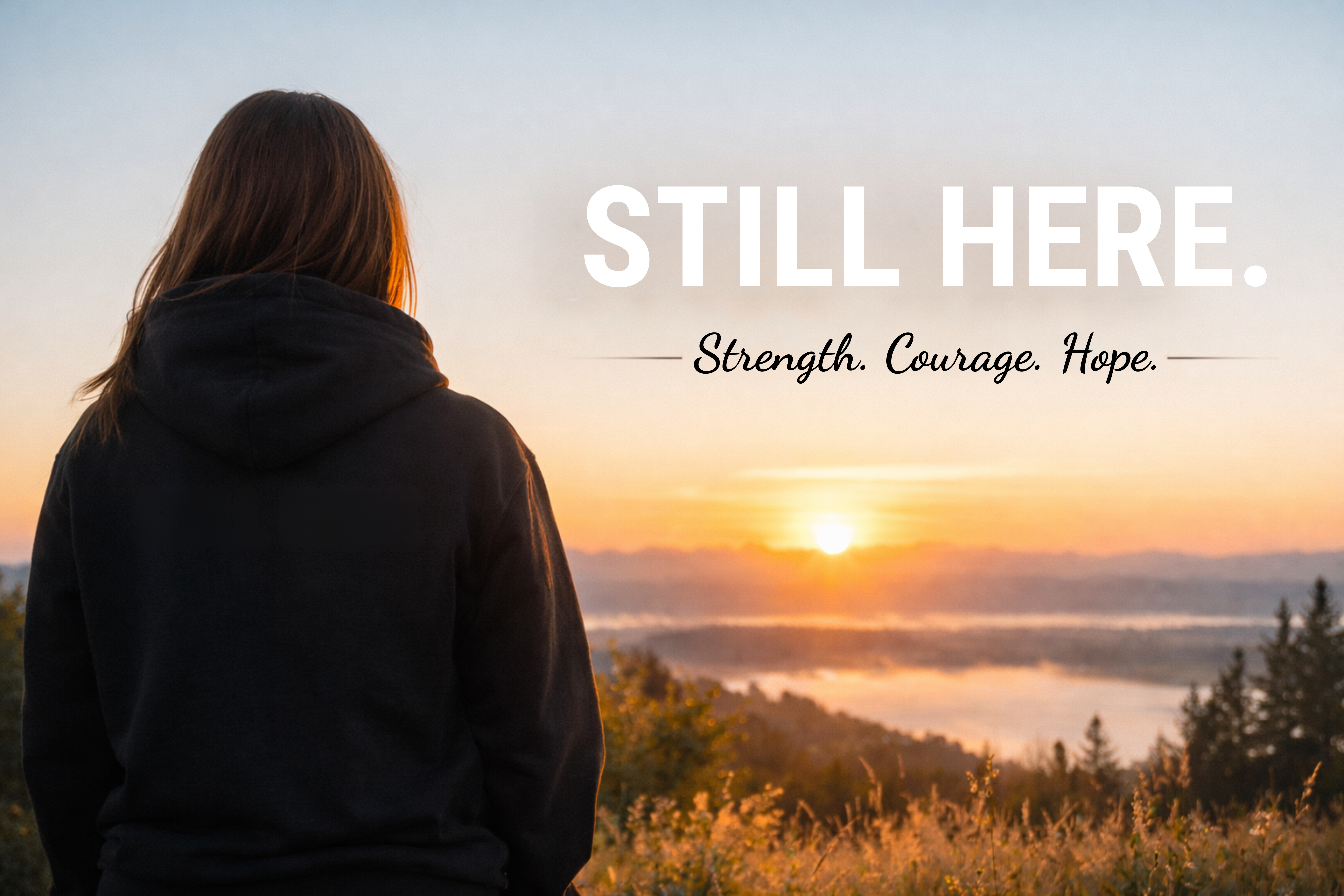 A young woman with long, brown hair, facing away from the viewer, stands on a hilltop overlooking a valley at sunrise. She is wearing a black hooded sweatshirt and has a slender build. Her gaze is directed towards the horizon where the sun, a bright orange orb, is just peeking over distant, misty hills. The landscape is bathed in warm, golden light, with soft shadows and a gradient of blues and oranges in the sky. In the foreground, tall grasses and trees are visible, slightly blurred to emphasize the distant vista. To the right of the woman, large white text reads "STILL HERE." below which, in a script font, are the words "Strength. Courage. Hope.". The composition is a medium shot, with the woman positioned on the left side of the frame, her back to the viewer, creating a sense of contemplation and peace in the serene, natural environment. The overall atmosphere is inspiring and hopeful.