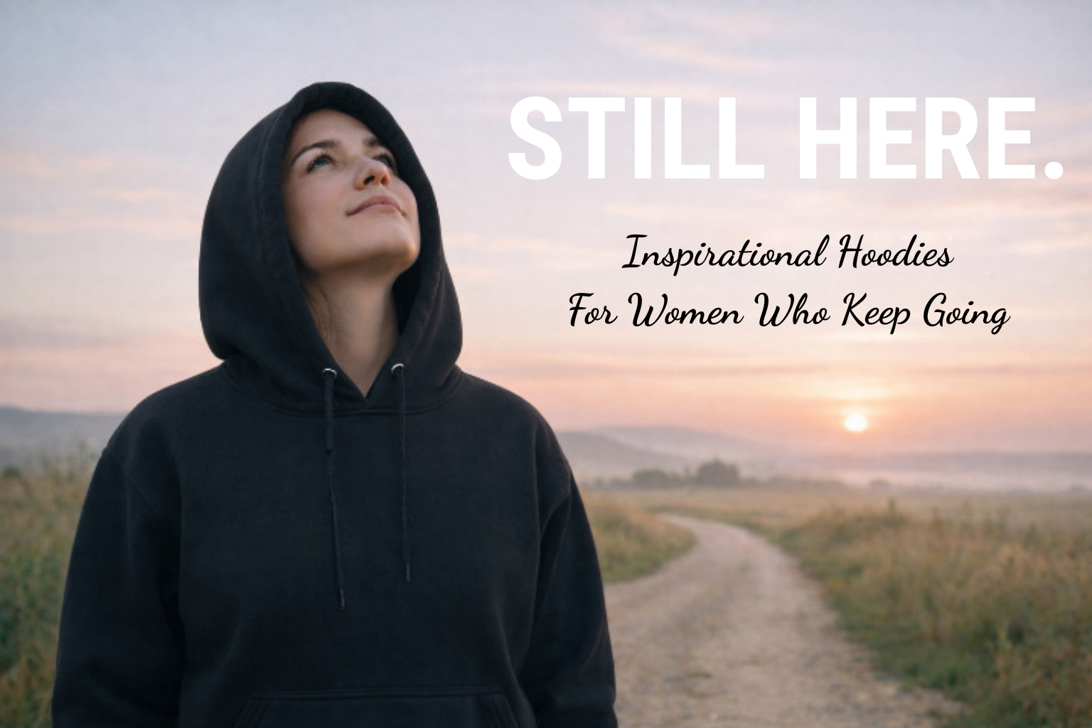 A young woman, appearing to be in her late teens or early twenties, stands on a grassy hilltop, facing away from the viewer. She is viewed from behind, and her body type is slim and athletic. She wears a dark, hooded sweatshirt, the hood pulled up, obscuring any facial features. Her long, dark brown hair falls loosely down her back. The woman is positioned on the left side of the frame, gazing towards a breathtaking sunrise or sunset. The background features rolling hills covered in trees, a body of water shrouded in mist, and a vibrant sky painted with hues of orange, pink, and gold. The sun is low on the horizon, casting a warm, golden light. The composition is a wide shot with a slightly elevated perspective, emphasizing the vastness of the landscape and the solitary figure. The atmosphere is serene, peaceful, and contemplative, with a feeling of hope and resilience.