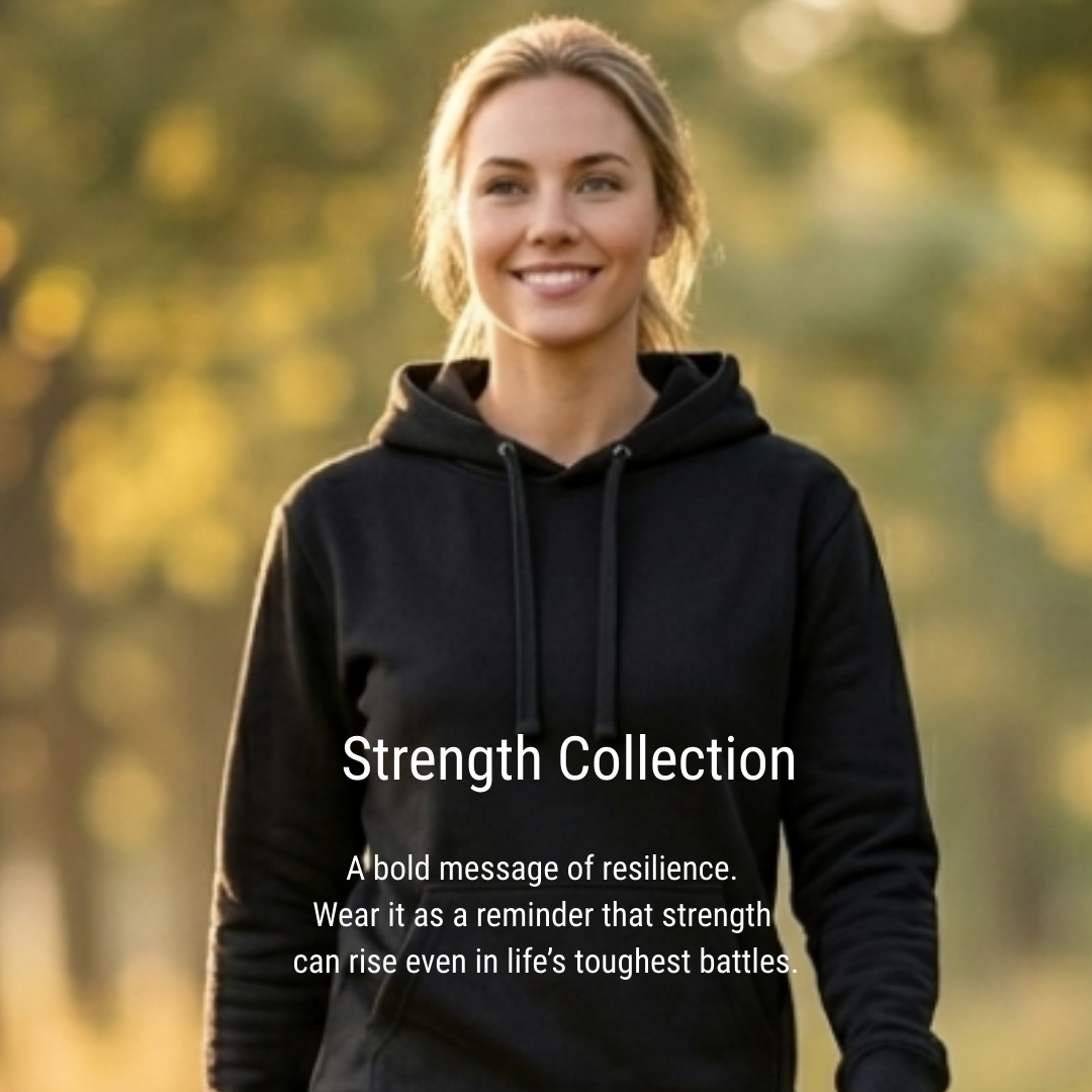 The image features a young woman wearing a black hoodie, smiling and walking outdoors. The background is softly blurred, with warm, golden-yellow tones suggestive of sunlight filtering through trees. This creates a sense of depth and focuses attention on the woman and the text overlaid on the image.  The main content of the image is the woman herself, who appears healthy and optimistic. She is positioned slightly off-center, with her gaze directed forward and to the left. The text, presented in white, is a prominent part of the composition, placed centrally and below the woman's chest.  The scene characteristics suggest an outdoor, natural setting, possibly a park or a wooded area, during daytime, perhaps late afternoon given the warm light. The focus on the woman and the motivational text indicates that this image is likely used for marketing or promotional purposes, possibly for athletic wear or a lifestyle brand.  The visual effects employed are a shallow depth of field, which blurs the background and isolates the subject, and the use of text overlay. The lighting is soft and appears to be natural, highlighting the woman's features and the texture of the hoodie. The overall mood is positive, empowering, and serene.  The text reads "Strength Collection" as a title, followed by a descriptive tagline: "A bold message of resilience. Wear it as a reminder that strength can rise even in life's toughest battles." This text reinforces the visual message of empowerment and inner strength conveyed by the woman's expression and the overall atmosphere of the image.