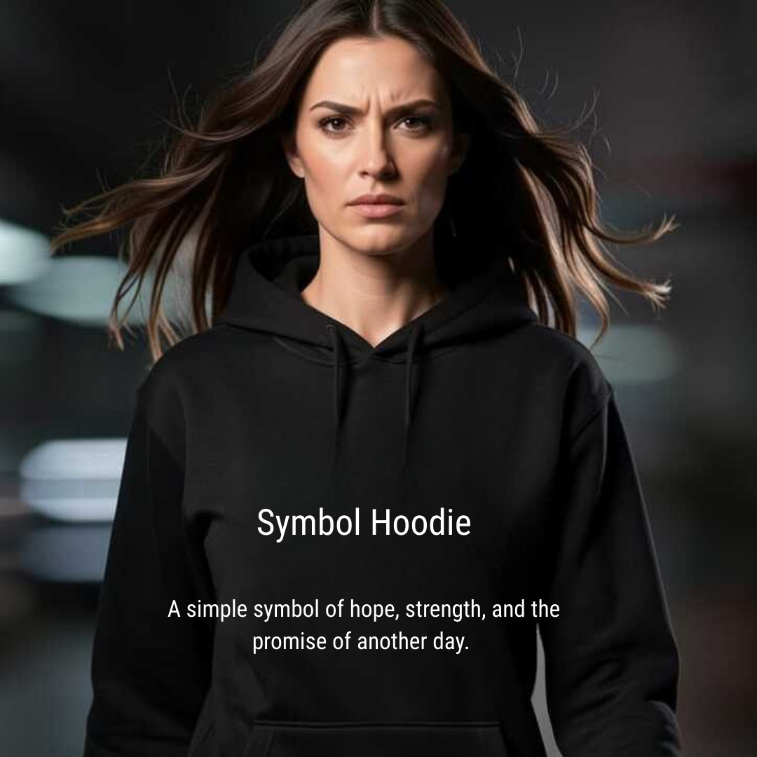 The image features a close-up portrait of a woman wearing a black hoodie. She has long, brown hair that is windswept and appears to be moving, contributing to a sense of dynamism. Her facial expression is serious and determined, with her brow furrowed. The lighting is somewhat dramatic, with the background being out of focus and dark, creating a spotlight effect on the woman.  On the hoodie, there is text overlaid. The main text reads "Symbol Hoodie" in a large, sans-serif font. Below this, in a smaller font, is the descriptive text "A simple symbol of hope, strength, and the promise of another day." The text is white, which stands out against the dark hoodie.  The scene characteristics are that of a studio portrait with some added visual elements. The background suggests an urban or indoor environment with blurred lights. The overall visual effect is one of empowerment and resilience, amplified by the woman's direct gaze and the powerful message of the text. The combination of the woman's expression, the simple yet bold clothing, and the aspirational text aims to create a strong, symbolic representation.