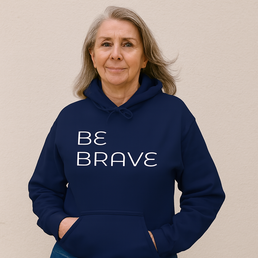 female, black hoodie, BE BRAVE