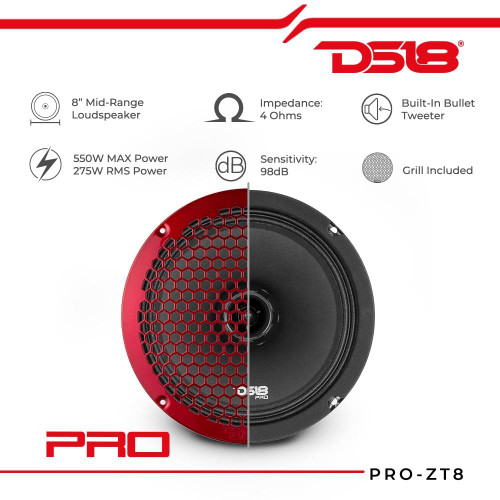 DS18 PRO-ZT8 8" 275W RMS Water Resistant Mid-Range Loudspeaker with Built-in Bullet Tweeter - 4 Ohm 