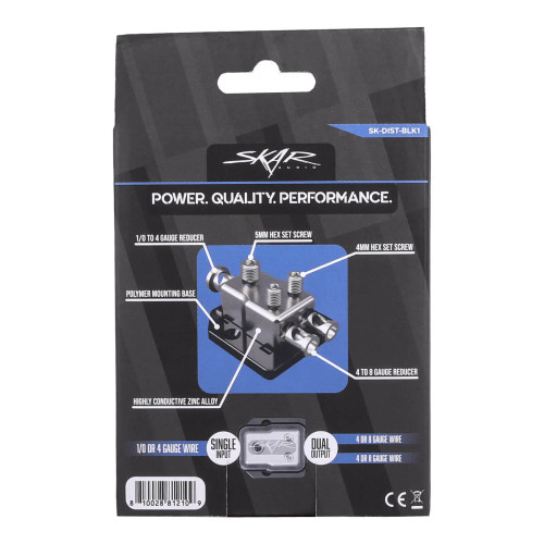 Skar Audio SK-DIST-BLK1 1 x 1/0 or 4 Gauge to 2 x 4 or 8 Gauge Power Distribution Block