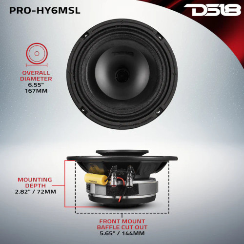 DS18 PRO-HY6MSL 6.5" 150W RMS Shallow Hybrid Mid-Range Loudspeaker w/ Built-in Driver - 8 Ohm