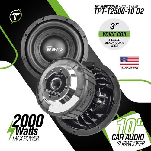 Timpano TPT-T2500-1x10 D2 Single 10″ 1000W RMS Loaded Ported Subwoofer Enclosure - 1 Ohm