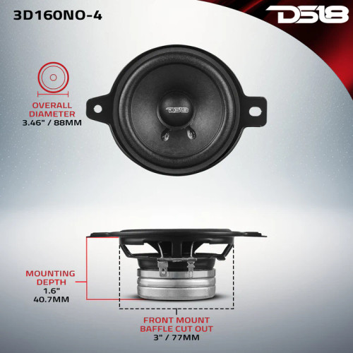 DS18 3D160NO-4 3" 80W RMS OEM Dashboard Loudspeaker with Neodymium Magnet - 4 Ohm