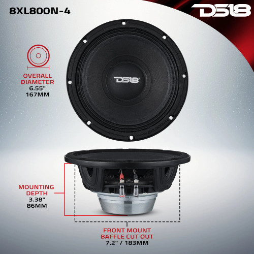 DS18 8XL800N-4 XL Series 8" 400W RMS Neodymium Magnet Mid-Range Loudspeaker - 4 Ohm