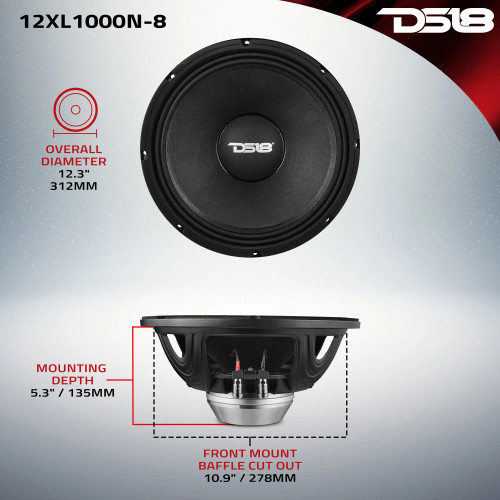 DS18 12XL1000N-8 XL Series 12" 500W RMS Neodymium Magnet Mid-Range Loudspeaker - 8 Ohm