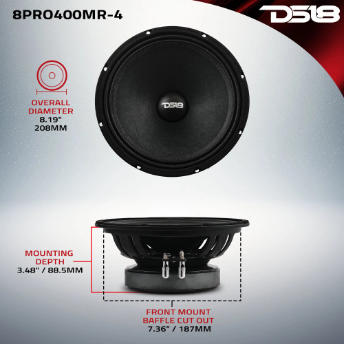 DS18 8PRO400MR-4 8" 200W RMS Midrange Speaker - 4 Ohm