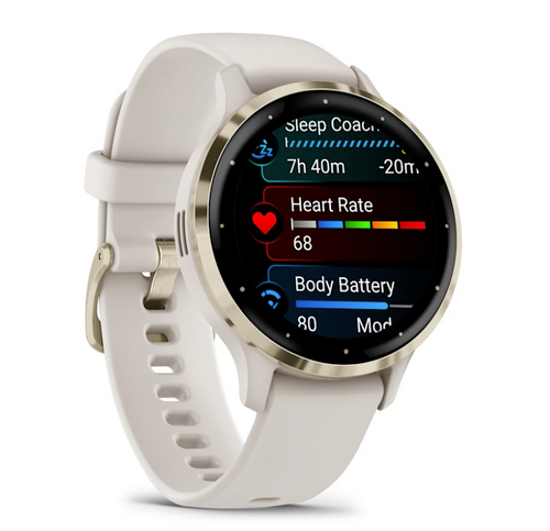 Garmin Venu 3S Smaller Fitness and Health Smartwatch - Soft Gold Stainless Steel Bezel with Ivory Case and Silicone Band