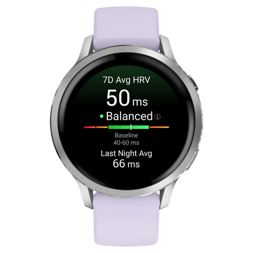 Garmin Venu 4 Fitness & Health Smartwatch – Silver with Periwinkle Silicone Band