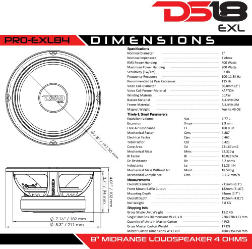 DS18 PRO-EXL84 8" 400W RMS Midrange Speaker - 4 Ohm 