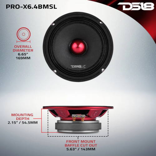 DS18 PRO-X6.4BMSL 6.5" 200W RMS Shallow-Mount Midrange Speaker - 4 Ohm