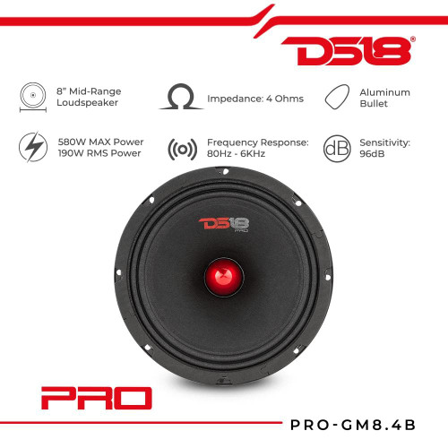 DS18 PRO-GM8.4B 8" 190W RMS Midrange Loudspeaker with Bullet - 4 Ohm