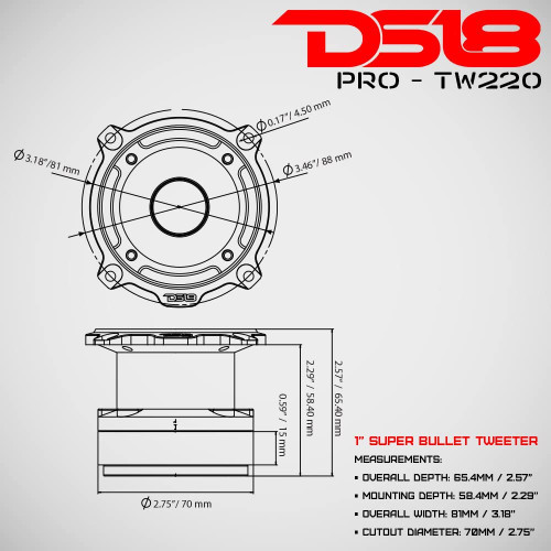  DS18 PRO-TW220 3” PRO Aluminum Super Bullet Tweeter with Built in Crossover - Silver