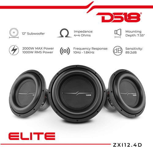 DS18 ZXI12.4D 12" High Excursion Car Subwoofer 1000W Watts RMS - Dual 4 Ohm