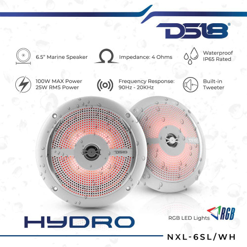 DS18 NXL-6SL/WH 6.5" 25W RMS 2-Way Coaxial Marine Shallow Speaker With LED RGB Lights - White