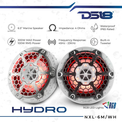 DS18 NXL-6M/WH NXL 6.5" 100W RMS 2-Way Coaxial Marine Speaker With LED RGB Lights - White