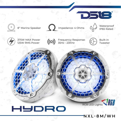 DS18 NXL-8M/WH NXL 8" 2-Way Coaxial Marine Speaker With LED RGB Lights 125W RMS - White