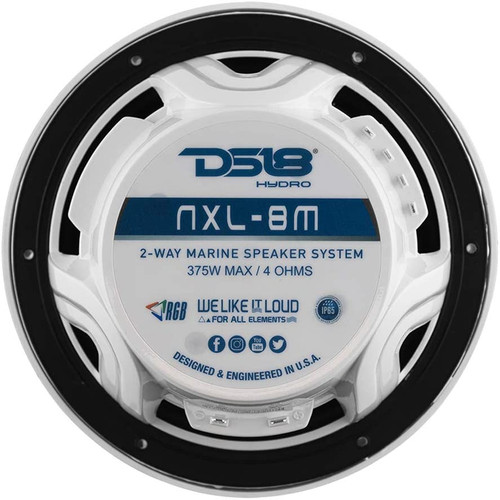 DS18 NXL-8M/WH NXL 8" 2-Way Coaxial Marine Speaker With LED RGB Lights 125W RMS - White