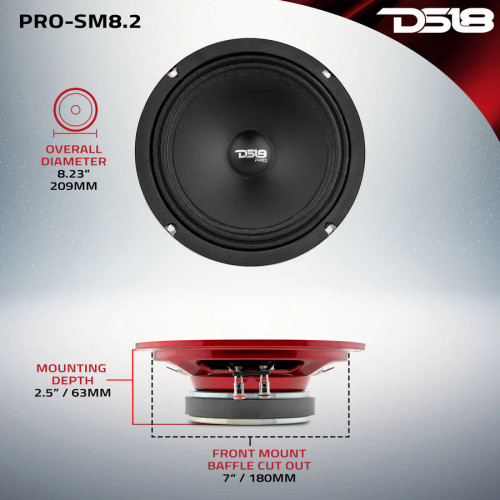 DS18 PRO-SM8.2 8" 250W RMS Shallow Water Resistant Mid-Range Loudspeaker - 2 Ohm