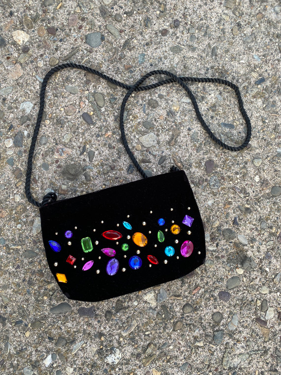 VINTAGE VELVET MULTICOLORED BEJEWELED SHOULDER BAG