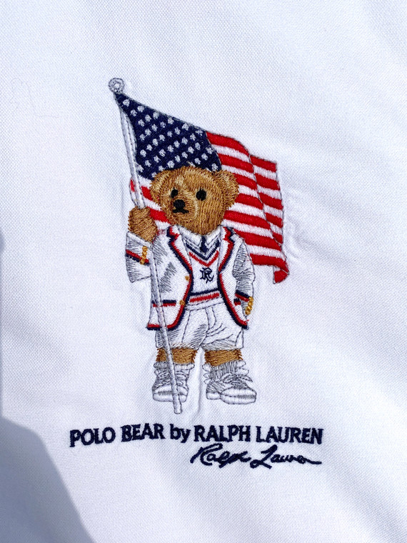 RALPH LAUREN 90'S SHORT SLEEVE POLO BUTTON UP CASUAL SHIRT (STYLE CLASSIC FIT | WHITE  WITH LARGE POLO BEAR)