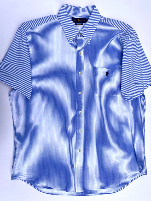 VINTAGE 90'S RALPH LAUREN  POLO BUTTON UP (SEERSUCKER | BABY BLUE STRIPED) - L