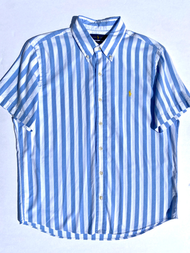 VINTAGE 90'S RALPH LAUREN  POLO BUTTON UP (STYLE CLASSIC FIT | BLUE/WHITE STRIPES) - L