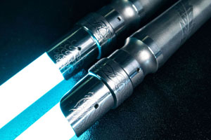 Polished and Etched Torrent Lightsabers with Two Trees of Valinor Theme.