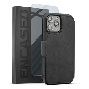 Encased Leather Folio Wallet Case with Screen Protector iPhone 14 Pro - Grey