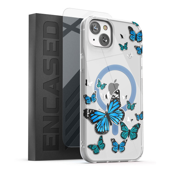 Encased Lexion MagSafe Case with Screen Protector iPhone 14 - Silver Blue Butterfly