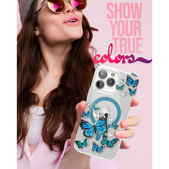 Encased Lexion MagSafe Case with Screen Protector iPhone 14 Pro - Silver Blue Butterfly