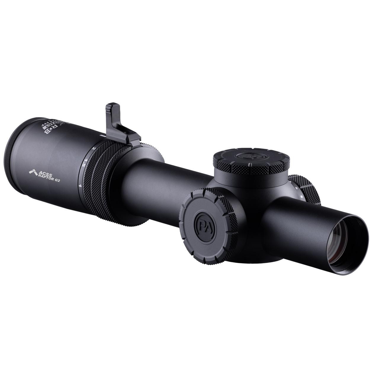 Primary Arms PLxC Rifle Scope 1-8X Magnification 24MM Objective 30MM Main Tube ACSS Raptor 5.56 Yard G2 Reticle First Focal Plane Anodized Finish Black