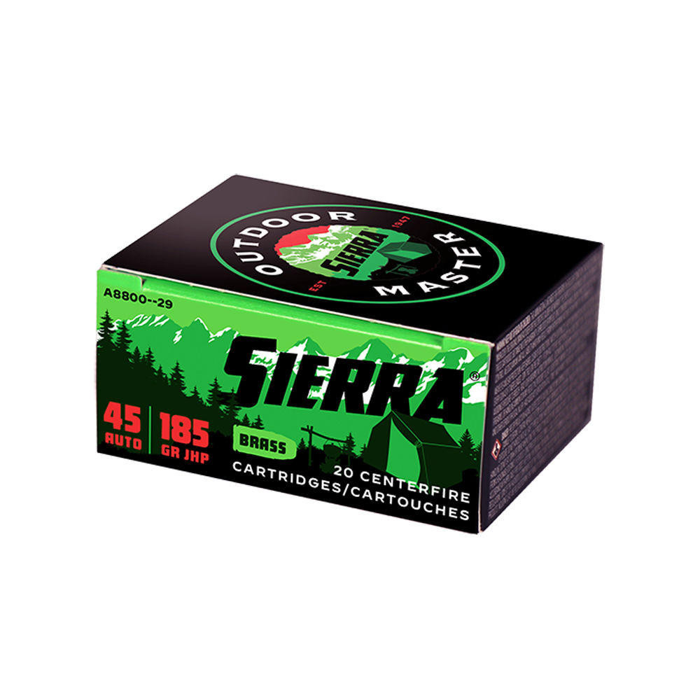 Sierra Outdoor Master 45 ACP Ammunition 20 Rounds 185 Grain Sports Master JHP Bullet 995 fps