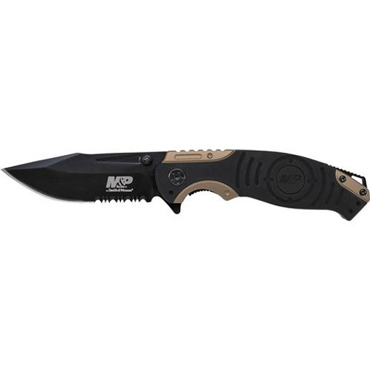 Smith & Wesson Liner Lock, 8cr13mov Drop Point Blade, Thumb Knobs, Index Flipper, Black/gold Handle 