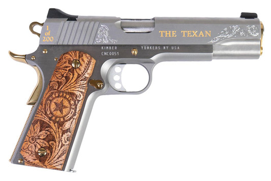 CNC FIREARMS Cnc Firearms CNCTEX1911 Kimber 1911 Texan 45 ACP 7+1 5" Stainless Steel Barrel, Stainless Engraved "The Texan"/Serrated Steel Slide, Stainless Steel Frame, Texas Mesquite Grip 