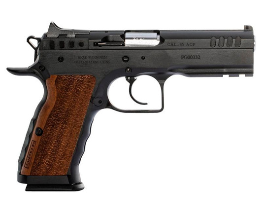  Tanfoglio IFG TFSTOCKI45 Defiant Stock I 45 ACP Caliber with 4.50" Barrel, 10+1 Capacity, Overall Black Finish Steel, Picatinny Rail/Beavertail Frame, Serrated Slide & Wood Grip 