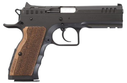  Tanfoglio IFG TFSTOCKI9 Defiant Stock I 9mm Luger Caliber with 4.50" Barrel, 16+1 Capacity, Overall Black Finish Steel, Picatinny Rail/Beavertail Frame, Serrated Slide & Wood Grip 