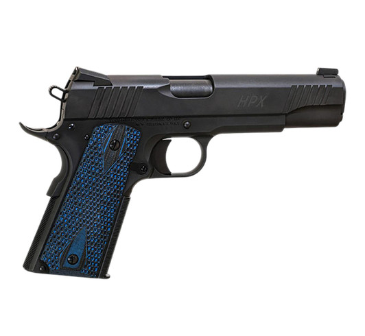  Standard Mfg  1911 HPX Full Size Frame 45 ACP 7+1 5" Black Match Grade Barrel, Satin Steel Serrated Slide, Black Satin Steel Frame w/Beavertail, Black/Blue Honeycomb Grip 