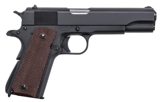 Auto Ordnance Auto-Ordnance 1911BKOMA 1911 A1 GI Spec *MA Compliant 45 ACP 7+1, 5" Stainless Steel Barrel, Matte Black Serrated Carbon Steel Slide & Frame w/Beavertail, Brown Checkered Polymer Grip 